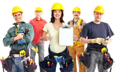 Contractor woman and group of industrial workers.