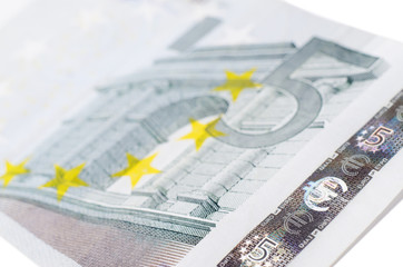 Close-up currency banknote of five euro