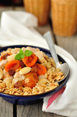 Chicken with Dried Fruit and Nuts on Pasta