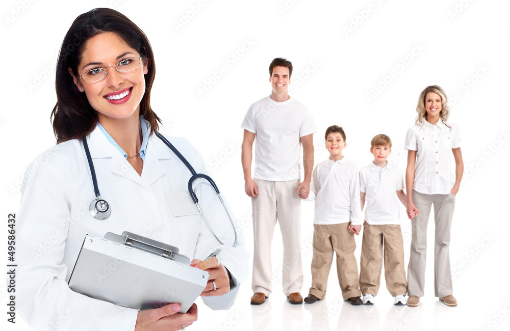 Poster family doctor woman. health care.