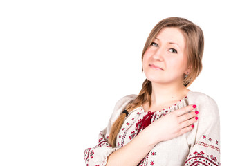 Beautiful girl in ukrainian embroidered shirt