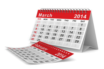 2014 year calendar. March. Isolated 3D image