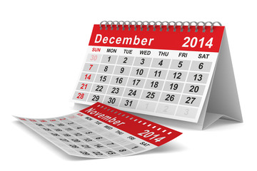 2014 year calendar. December. Isolated 3D image