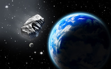 Asteroid in space approaching earth