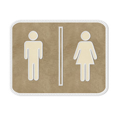 Stitched Man & Woman restroom sign on leather background