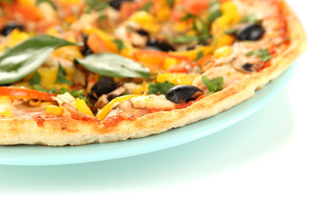 Tasty pizza with vegetables, chicken and olives isolated