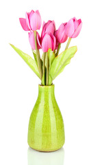 Beautiful bouquet of pink tulips in vase, isolated on white