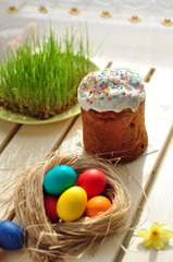 easter Easter cake and nearby nest with color eggs