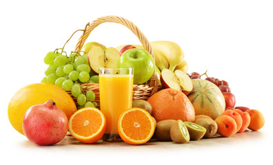 Composition with assorted fruits in wicker basket