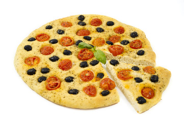 homemade focaccia with tomatoes, olives  and oregano