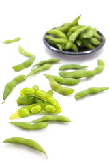 edamame nibbles, boiled green soy beans, japanese food