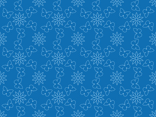 blue abstract seamless pattern with flowers and butterflies