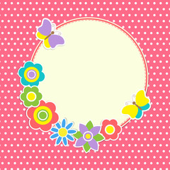 Round frame with colorful flowers and butterflies