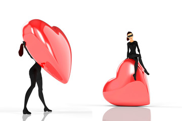 Woman thief sits over a big heart on white background - 49603648