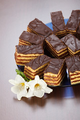 Closeup view of several chocolate cake