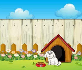 Foto op Plexiglas Honden Een hond en het hondenhok binnen het hek