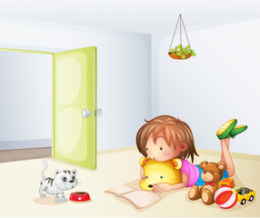 Une fille dans une pièce avec un chat et des jouets