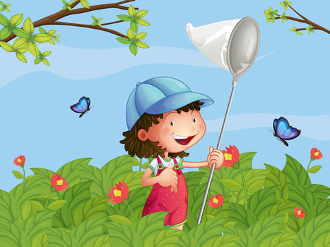 A girl with a cap catching butterflies