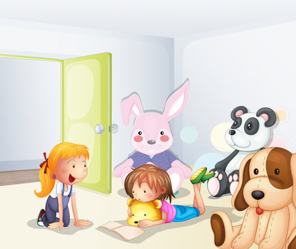 A room with kids and animals