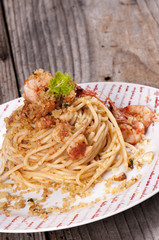 spaghetti with pesto and shrimp with toasted breadcrumbs