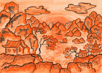 Chinese landscape in orange, painting