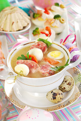easter white borscht with quail eggs and sausage in a glass