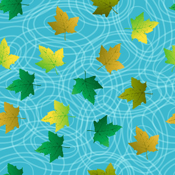 Seamless background with leaf on blue water, circles and tree re