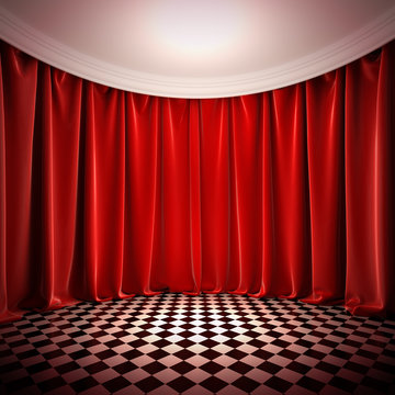 Empty hall with red curtains.