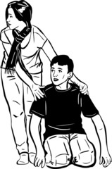 a sketch a beautiful girl hugs fellow