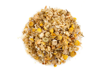 dried chamomile tea isolated on white background