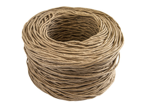 Thick twisted paper cord roll closeup isolated on white