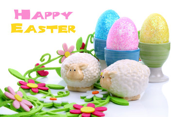 Easter eggs and lambs - obrazy, fototapety, plakaty