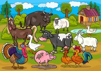Papier Peint photo Ferme illustration de dessin animé de scène de pays d& 39 animaux de ferme