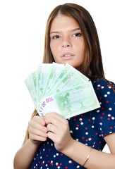 The beautiful girl with euro banknotes
