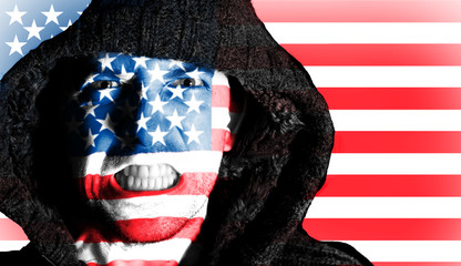 Hooded angry man with American flag design on face