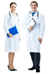 Fototapeta premium Two happy medical people, on white