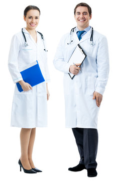 Two happy medical people, on white