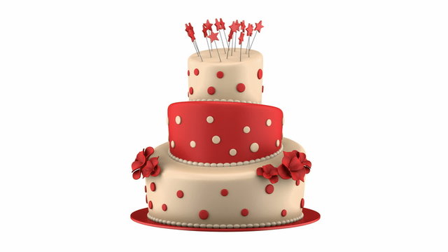 big round red and yellow cake loop rotate on white background