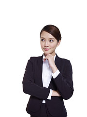 asian businesswoman thinking with hand on chin