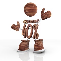 wooden -40 percent rabat 3d character Illustration
