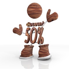 wooden -50 percent discount 3d character Illustration