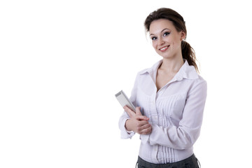 Smiling girl isolated over white with a digital tablet in her ha