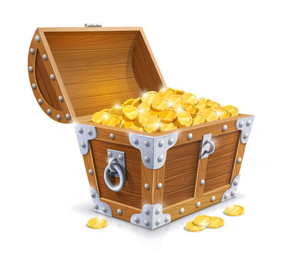 vintage wooden chest with golden coin vector illustration