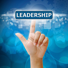 Hand woman press on touch screen interface leadership button