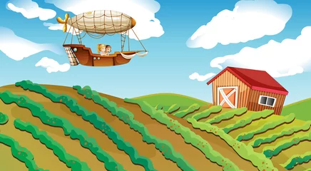 Stof per meter Een luchtschip dat over een boerderij gaat © GraphicsRF