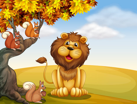 A lion with three squirrels at the hilltop