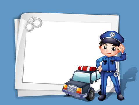 A policeman beside a police car
