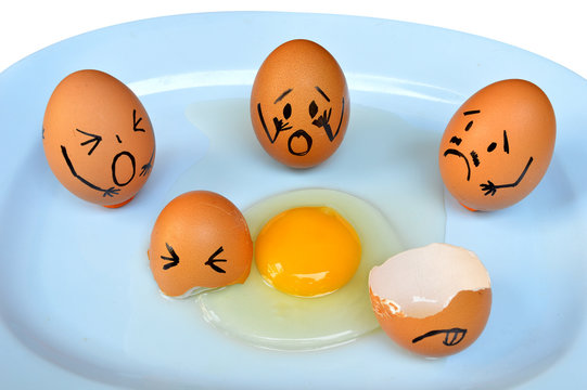 Funny easter eggs with drawn faces depicting various emotions