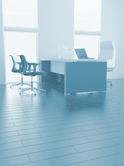 Empty office with table and armchairs and light from windows