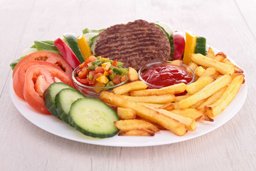 plate of vegetables; fries and beefsteak